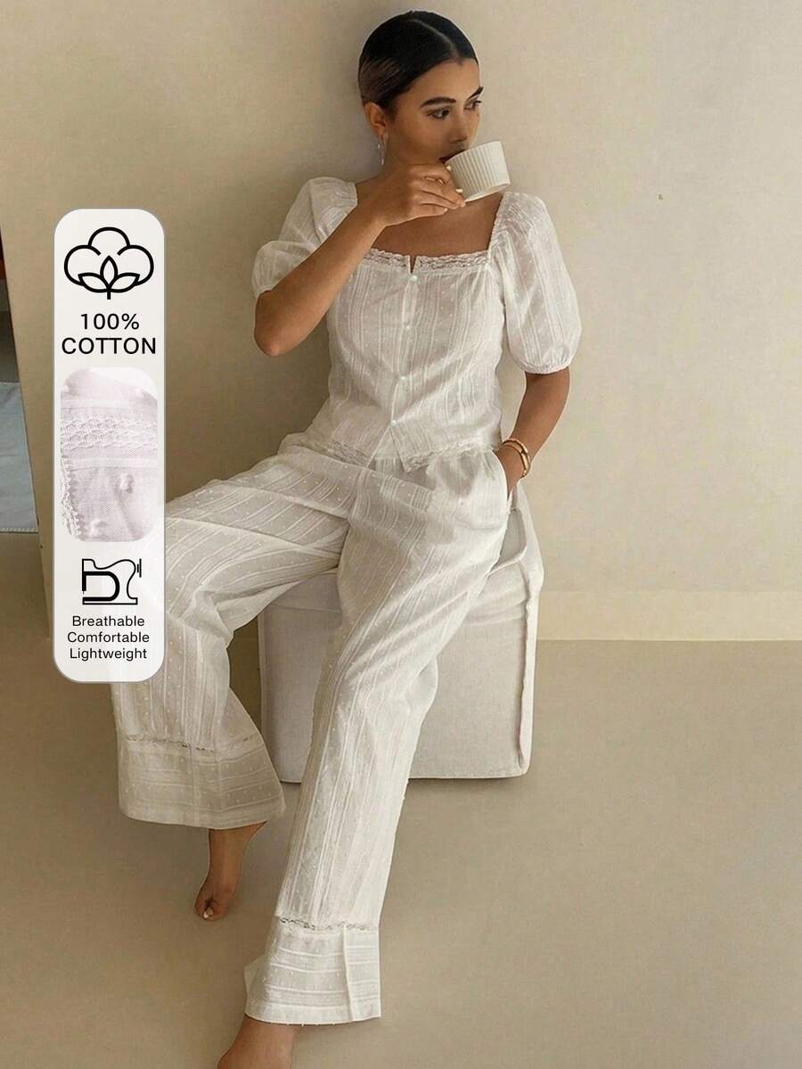DAZY 2pcs/Set Textured Fabric Puff Sleeve Blouse & Straight Long Pajama Pants Summer Women's Sleepwear Set - White - View 1