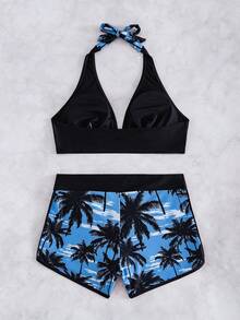 SHEIN Swim 女款夏季海灘拼色百褶掛脖綁帶性感比基尼與短褲兩件式泳衣套裝 - 藍色 - 查看 6