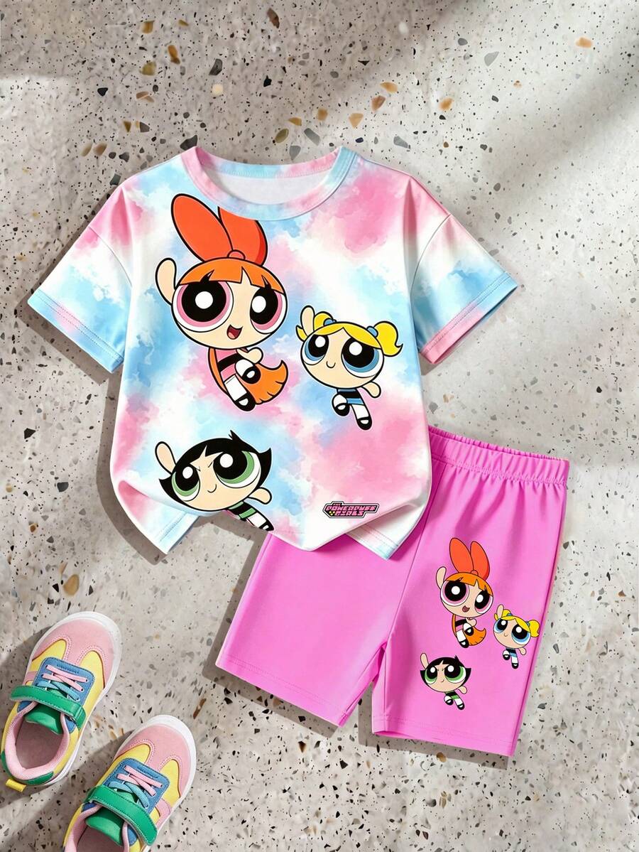 THE POWERPUFF GIRLS X SHEIN GraphicGems 2件套女童扎染渐变短袖T恤和粉色短裤,卡通印花休闲儿童夏季套装 - 粉色 - 查看 1