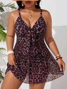 SHEIN Swim Curve 大尺碼女款夏季海灘豹紋前打結細肩帶一件式泳衣 - 彩色 - 查看 1