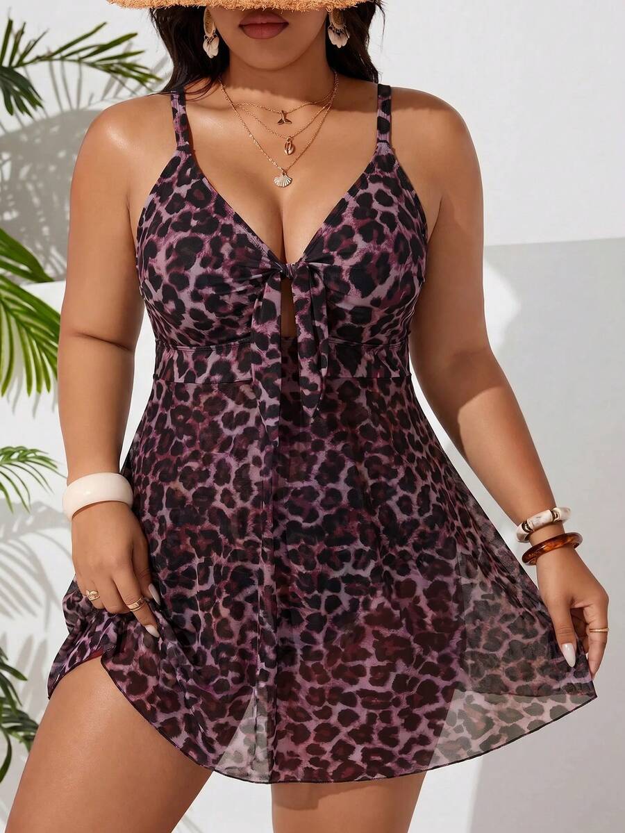 SHEIN Swim Curve 大尺碼女款夏季海灘豹紋前打結細肩帶一件式泳衣 - 彩色 - 查看 1
