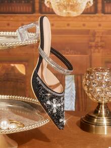 CUCCOO TILAWA Sepatu hak tinggi wanita berwarna hitam dengan hiasan kristal dan rhinestones yang modis dan elegan, cocok untuk perjamuan, pesta, dan acara lainnya. - hitam legam - View 7