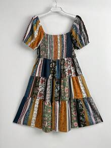 Flirla Plaid Print Puff Sleeve A-Line Dress For Women - Multicolor - View 3