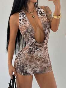 StreetHx Hot Girl Style Sexy Beige Foil Camouflage Halter Neck Jumpsuit Deep V Backless Fitted Club Vacation Summer - Multicolor - View 6