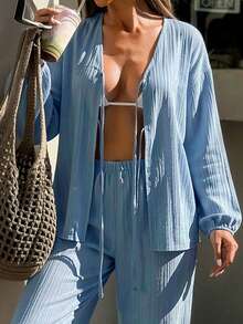 Bonvoyette Women's Spring/Summer Long Sleeve Lace-Up Casual Vacation Beach 2-Piece Cover-Up Set - Sky Blue - View 4
