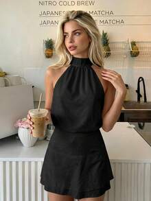 DAZY Damen einfarbiges Neckholder-Top und Rock Mode Zweiteiler Set Sommer Lounge Sets für Frauen - Schwarz - Übersicht 3