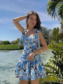 Vestido de tirantes con estampado floral romántico para mujer - Azul - Ver 2