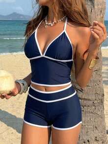 Livesso Women's Summer Beach Colorblock Halter Neck Tie Tankini And Shorts Two-Piece Swimwear Set Navy And White Coastal Active - Navy Blue - View 4