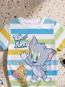TOM & JERRY X SHEIN GraphicGems Baby Boy Summer Casual Vacation & Daily Wear Cute Cartoon Colorblock Striped Print Short Sleeve T-Shirt - Multicolor - View 3