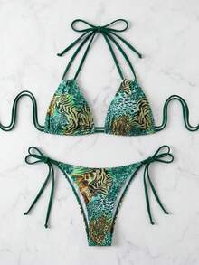 Swim Vcay 女款比基尼泳衣套裝，隨機印花，2件組，夏季海灘版權款 - 綠色 - 查看 3