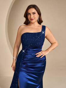 Coutiva Plus Size Women's Patchwork Sequin One Shoulder Sleeveless Pleated Formal Evening Gown - Navy Blue - View 5