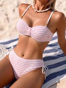 Swim Lushoire 女款新款特殊面料珠飾飾邊泳衣套裝 - 粉色 - 查看 3
