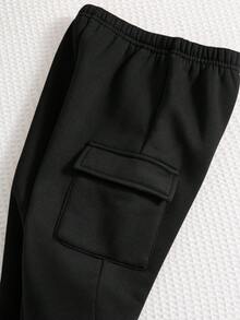 SHEIN 3件組嬰兒男童秋冬休閒可愛卡其色保暖內裡夾克背心熊圖案卡其棕條紋運動衫運動褲套裝中性嬰兒冬裝 - 黑色 - 查看 9