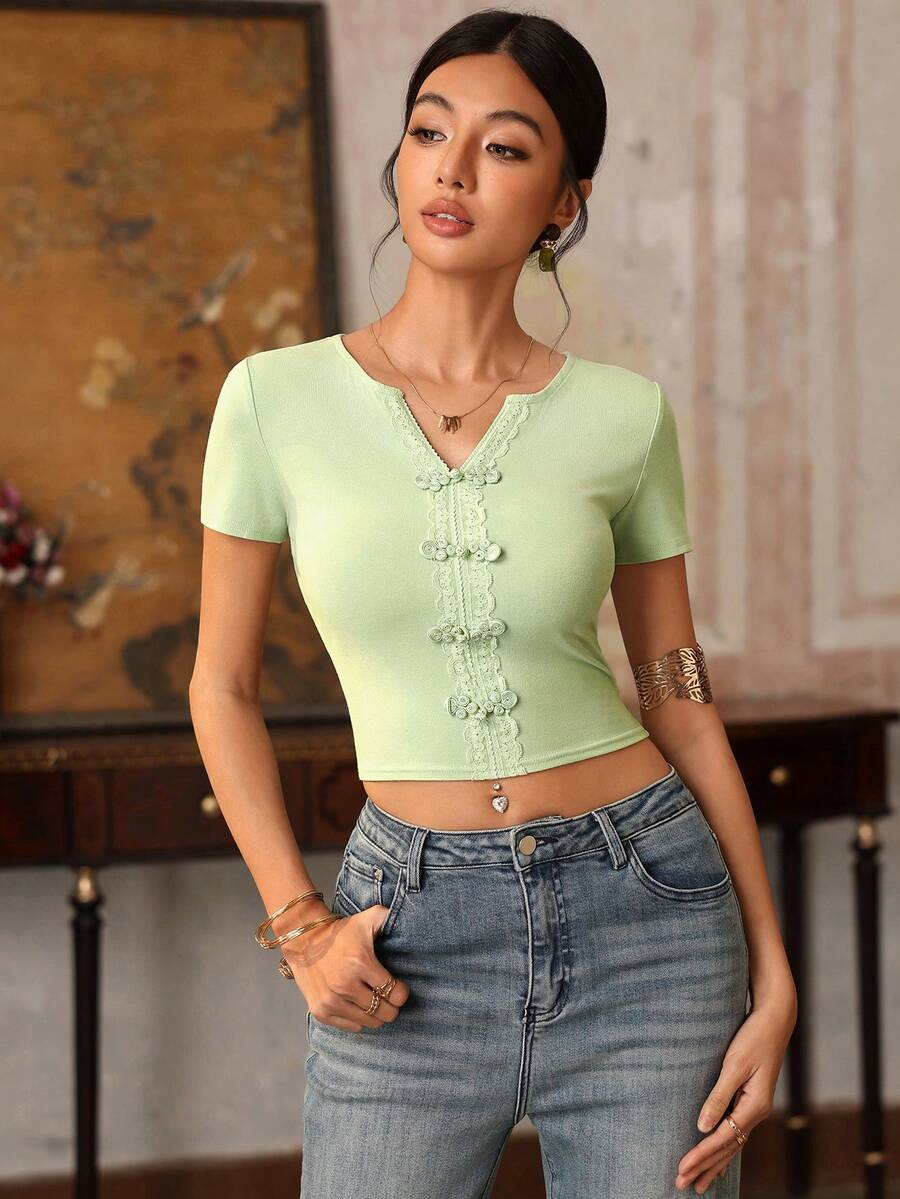 EastFlair New Chinese Retro Style Elegant Cute Old Money Knitted Short-Sleeved Top With Frog Buttons Tea Party Date Picnic Pool Party Vacation Mint Green Summer
