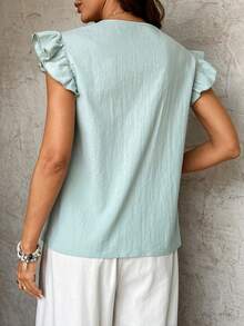 Breezaya Women's Spring/Summer New Casual Vacation Lace Trim Ruffle Sleeve Blouse - Mint Green - View 2