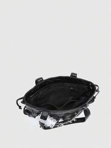 ROMWE Goth 女款大容量多口袋單肩包手提包，復古迷彩，十字架與愛心吊飾裝飾蝴蝶結 - 純暗黑 - 查看 4