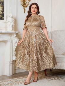 Reflora Plus Size Women's White Lace Midi Summer Dress Elegant Short Sleeve Dress - Champagne - View 5