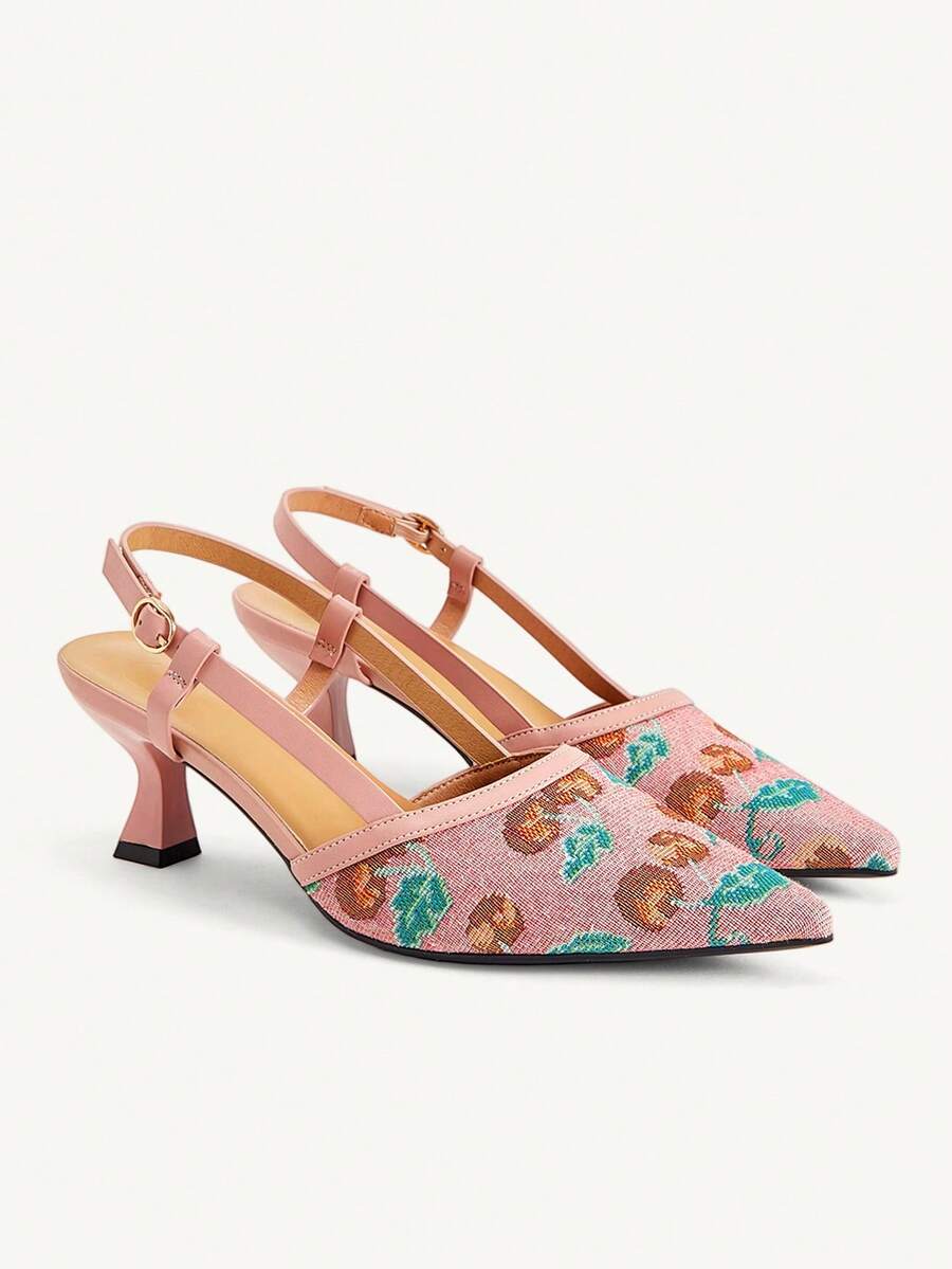 CUCCOO CHICEST 粉色櫻桃刺繡布面女款細高跟鞋,優雅新款,適合通勤、約會、下午茶、晚餐與日常穿著 - 粉色 - 查看 1