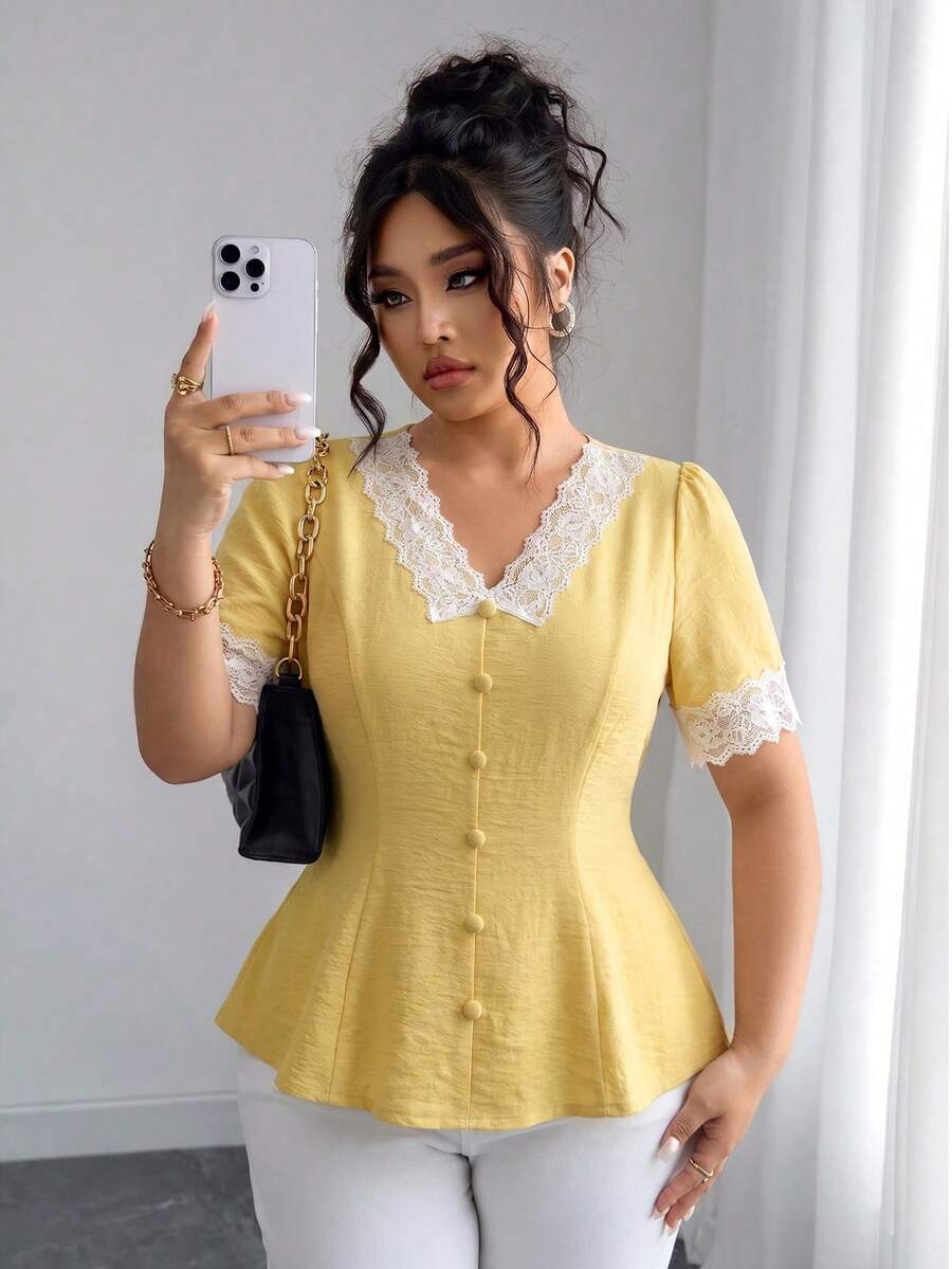 Elenzga Plus Size Contrast Color V-Neck Raglan Short Sleeve Lace Patchwork Front Button Shirt, Summer - Yellow - View 1