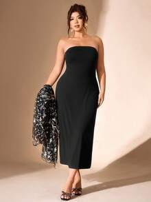 Cravure Elegante vestido de malla con bordado floral, conjunto de dos piezas de talla grande - Negro - Ver 4