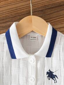 Souflis Souflis 男嬰海軍藍馬匹印花夏季提花 Polo 領短袖短褲兩件套 - 藏藍色 - 查看 4