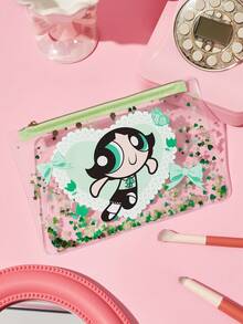 THE POWERPUFF GIRLS X SHEIN 1個卡通角色印花亮片裝飾透明PVC輕量化化妝包，適用於存放化妝品、文具、日常用品、數位產品，適合通勤、上學、旅行，適合所有年齡層，學生友善，花朵、泡泡、毛茛、友誼、蝴蝶結 - 無色 - 查看 3