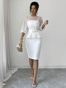 Balvessa Conjunto de 2 piezas para mujer primavera/verano elegante blanco de gasa transparente con top de manga abullonada y vestido midi ajustado con tirantes finos - Blanco - Ver 8