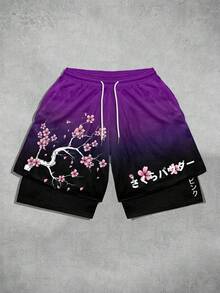 ROMWE MEN Goth 男士抽繩腰花卉印花休閒百搭日常穿著短褲 - 彩色 - 查看 1