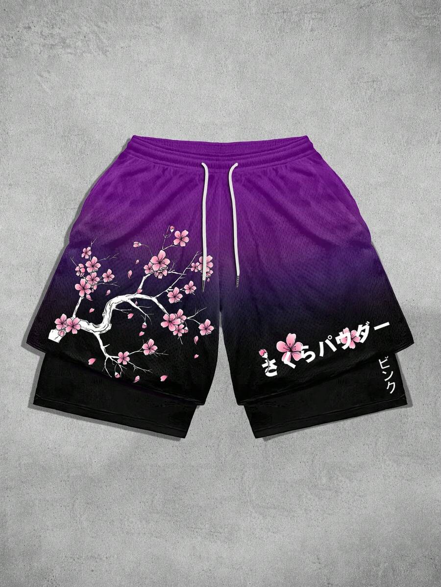 ROMWE MEN Goth 男士抽繩腰花卉印花休閒百搭日常穿著短褲 - 彩色 - 查看 1