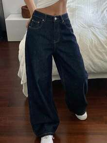 DAZY Celana Jeans Denim Wanita Model Longgar Retro Kasual Serbaguna Gaya Jalanan Ukuran Petite - Biru - View 5