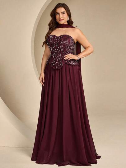 Coutiva Elegant Sequin Glitter Fitted Long Evening Gown For Formal Banquet