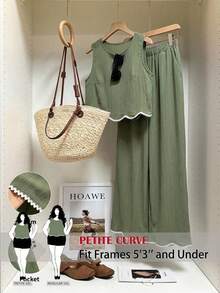 SHEIN PETITE CURVE 大码女式圆领撞色上衣和裤子休闲两件套 - 綠色 - 查看 8