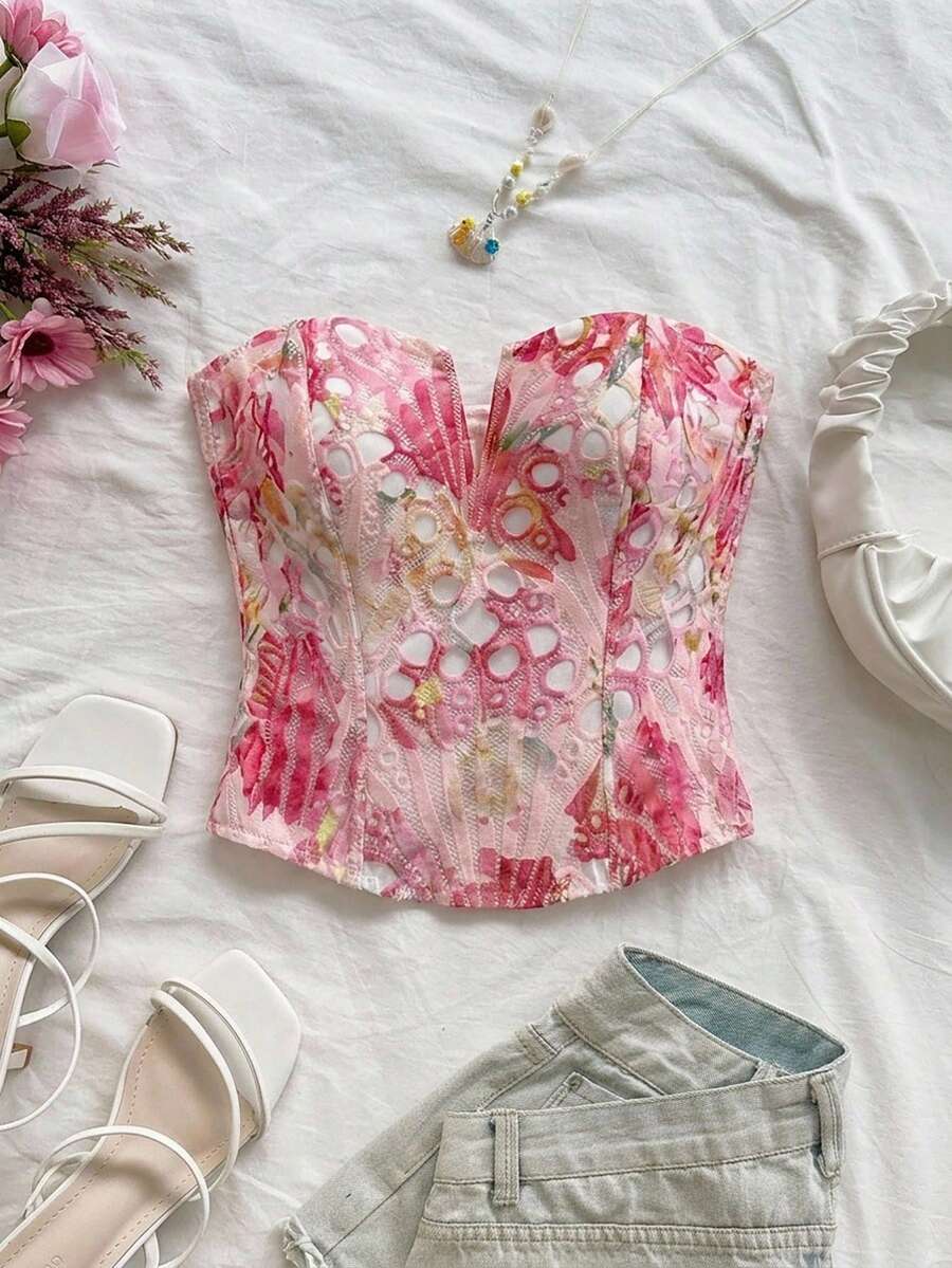 Firerie Women's Floral Hollow Embroidery Elegant Versatile Corset Top - Multicolor - View 1