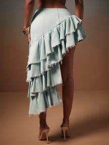 NYA SZN HIGH LOW RUFFLED DENIM ROCK MIT AUSGEFRANSTEN KANTEN - Helle Waschung - Übersicht 2