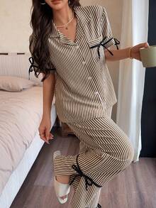 Dream Adore Artistic Retro Striped Lace-Up Loungewear Set, Classic Lapel Short Sleeve Long Pants Set - Multicolor - View 5