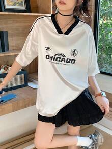 Dazy Kids Áo thun nữ tuổi teen cổ chữ V tay raglan dáng rộng in họa tiết, phong cách thường ngày, thích hợp mặc mùa hè. - trắng - Xem 3