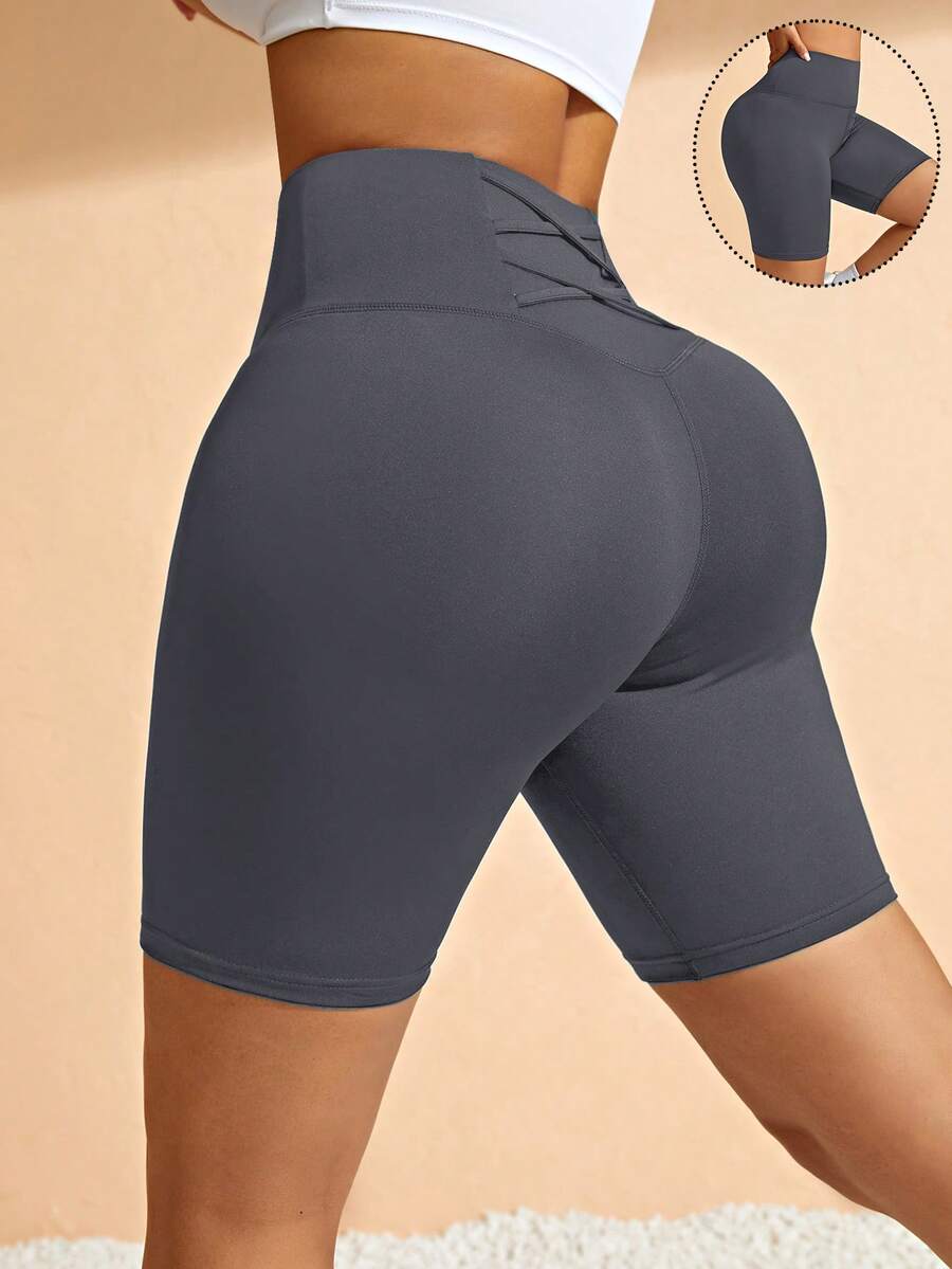 Menodora SHEIN Sport 女士纯色高腰休闲健身短裤 - 燧石 - 查看 1