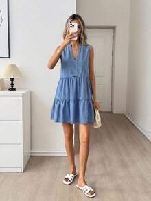 SHEIN LUNE 女士V领褶皱休闲派对牛仔连衣裙 - 黑色 - 查看 4