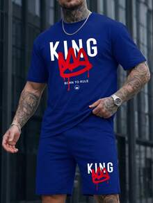 Lornexis Men's Summer Letter Print Round Neck Short Sleeve Casual T-Shirt And Drawstring Waist Shorts Set - Blue - View 5