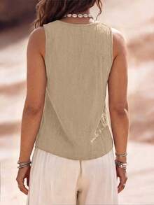 EMERY ROSE Plus Size V-Neck Casual Comfortable Vacation Countryside Loose Soft Fabric Women Tank Top, Outdoor Country Style Blouse - Apricot - View 2