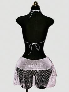 EgrlEra Women's Sexy Ultra Short Mini Skirt, Fishnet With Rhinestone Embellishments, Sparkling, Perfect For Party And Gathering Outfits - White - View 2