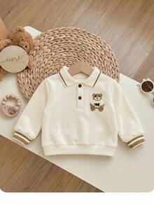 Newborn Baby Bear Pattern Contrast Color Polo Collar Long Sleeve Sweatshirt And Pants Set - Beige - View 6