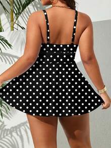 SHEIN Swim Curve 大尺碼細肩帶印花泳裝洋裝套裝，定位藍白瓷器印花，兩件式分開設計，優雅女款度假海灘裝 - 黑與白 - 查看 2
