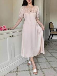 DAZY Camisón elegante para mujer con volantes de encaje en contraste y lazo delantero - Rosa vieja - Ver 4