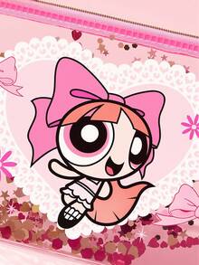 THE POWERPUFF GIRLS X SHEIN 1個卡通角色印花亮片裝飾透明PVC輕量化化妝包，適合存放化妝品、文具、日常用品、數位產品，完美適用於通勤、上學、旅行，適合所有年齡層，學生友善，花朵、泡泡、毛茛、友誼、蝴蝶結 - 無色 - 查看 5