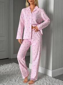 SHEIN Women 2 Pcs Pink Button Front With Striped&Heart Pattern Homewear Cute Pajama Set - Pink - View 4