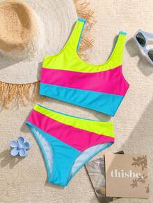 SHEIN Tween Girl Knit Contrast Color Swimwear Top And Swimwear Bottom 2 Pieces Set Color Block Swimwear - Multicolor - View 1
