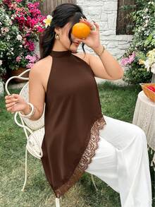Modelyn 春夏休閒優雅細肩帶蕾絲拼接寬鬆版型百搭大尺碼女款背心上衣 - 棕色 - 查看 3
