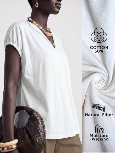 Aalyst Fashionable Women's White 100% Cotton Knitted V-Neck T-Shirt
