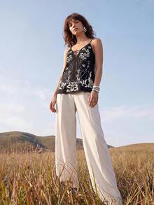 CAJUNI Tropical Vacation Black Leopard Straps Top - Black and White - View 4